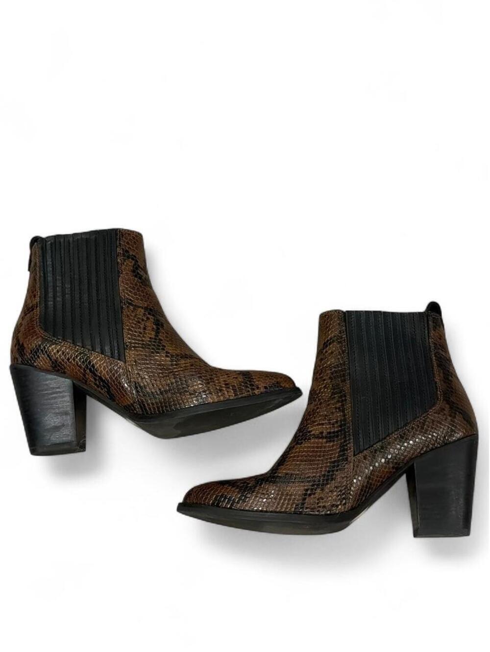 Brown snake print ankle boots with black elastic side panels